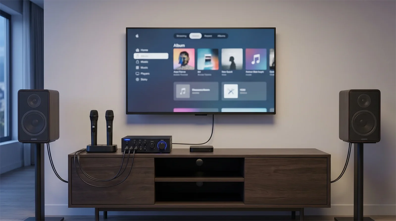 Smart TV connected to a karaoke system with a clear signal path showing TV, mixer or amplifier, microphones, and speakers.
