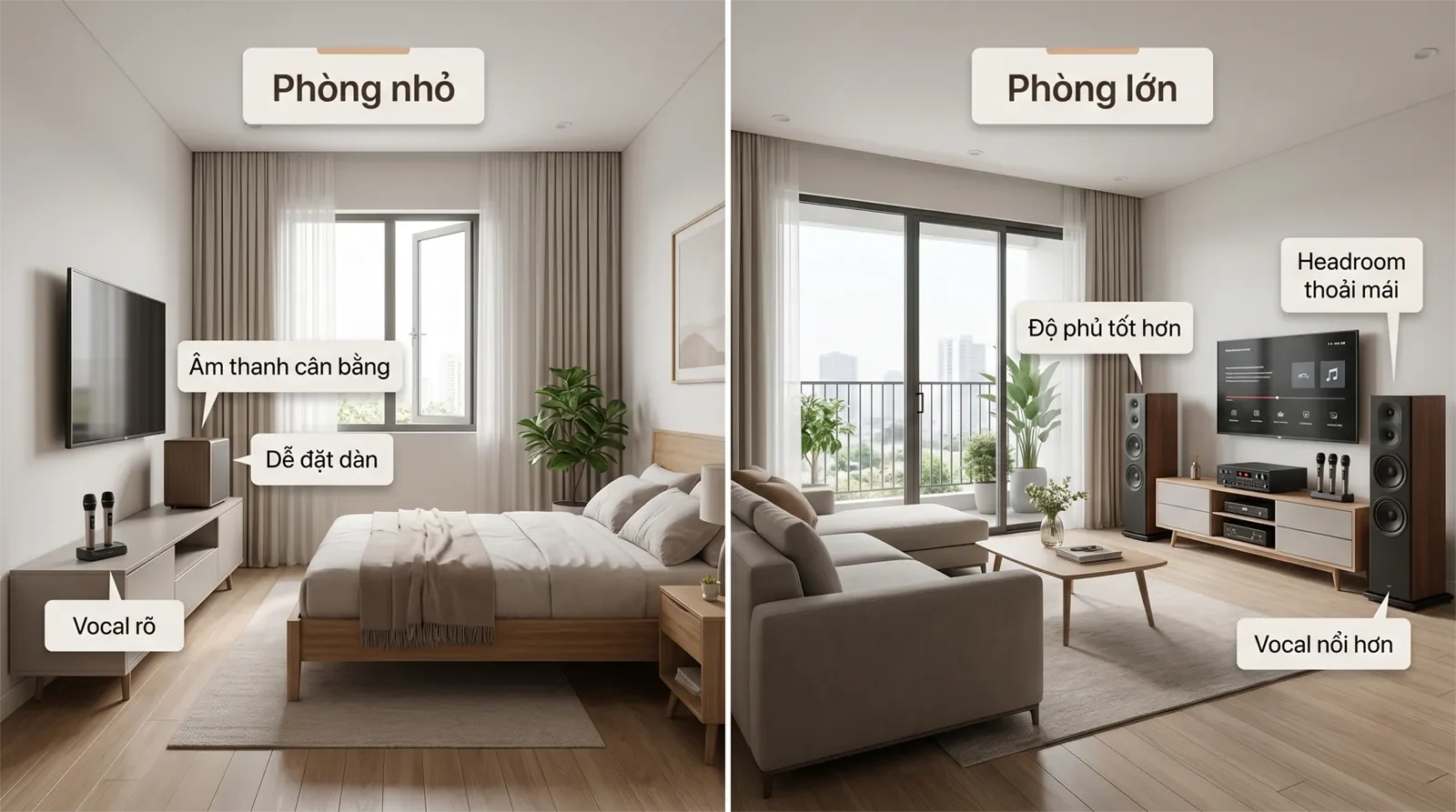 hình so sánh dàn karaoke cho phòng nhỏ và phòng lớn