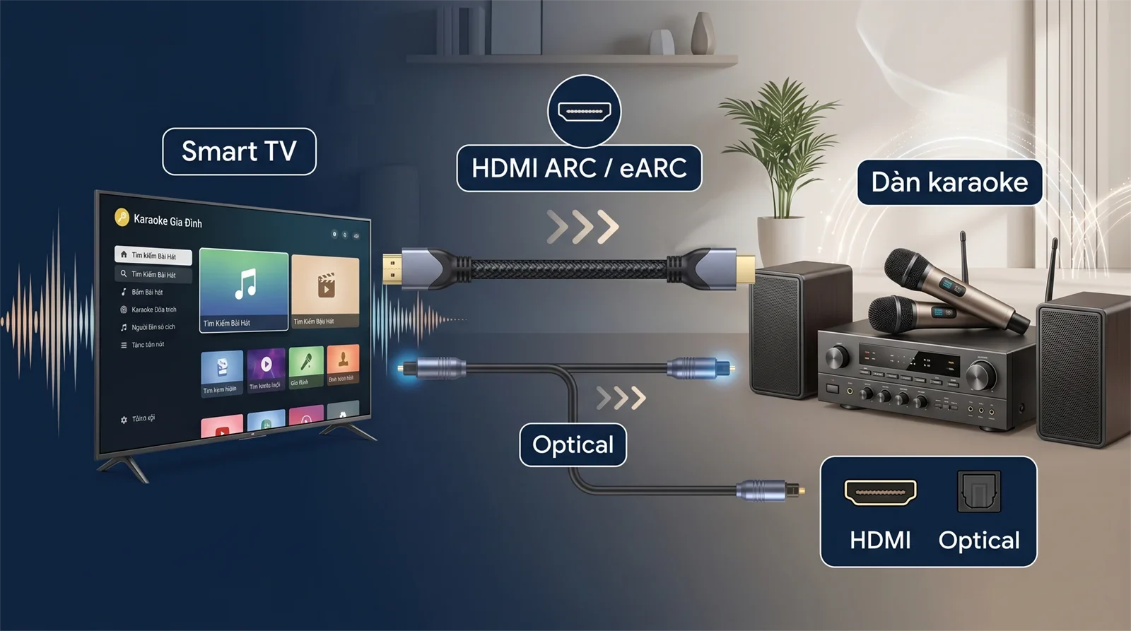Minh họa so sánh hai đường kết nối HDMI ARC eARC và optical từ smart TV sang dàn karaoke.