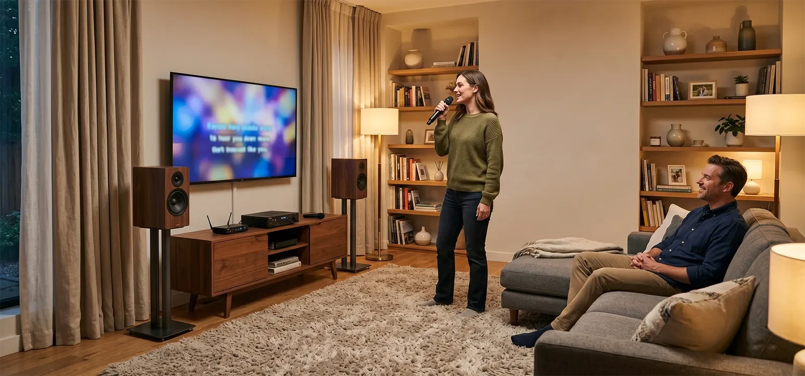 Phòng karaoke gia đình có thảm, rèm, sofa vải và bề mặt mềm giúp vocal dễ nghe hơn