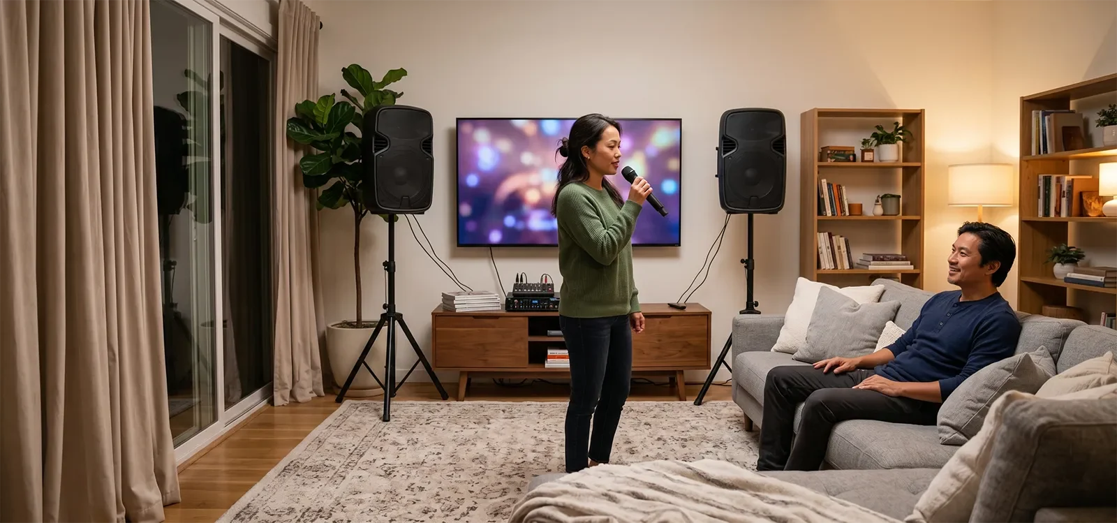 Phòng karaoke gia đình có loa PA, thảm, rèm, sofa vải và bề mặt mềm giúp vocal rõ hơn trước khi mua thêm thiết bị