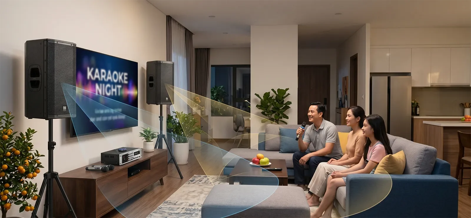 Loa karaoke phủ âm trong phòng khách gia đình