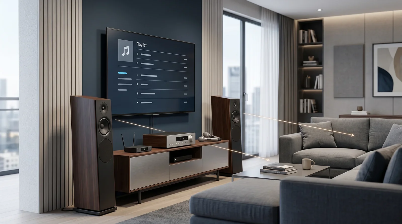 Home karaoke speaker placement showing speakers aimed toward the listening area and away from a shared wall.