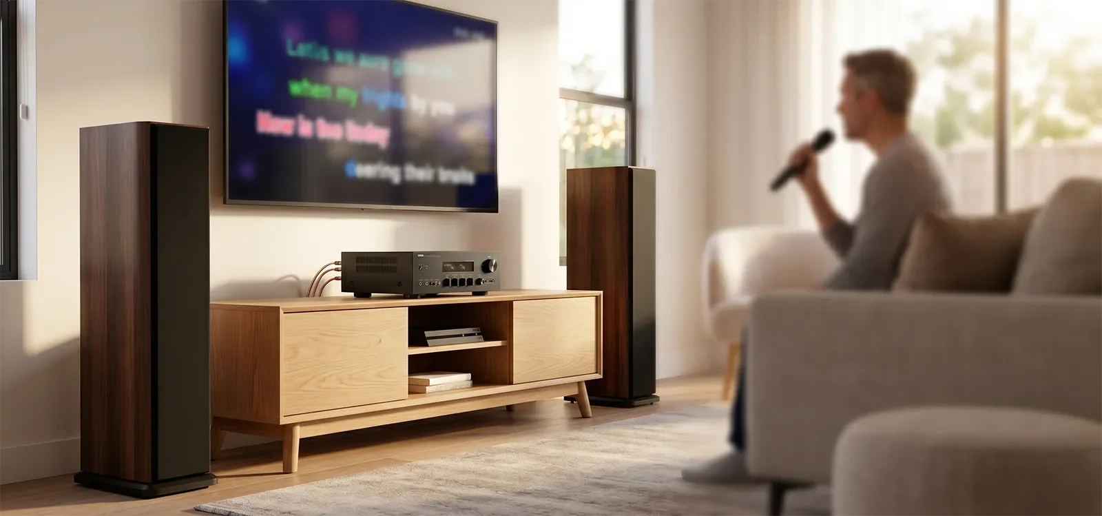 Dàn loa và ampli karaoke gia đình minh họa độ nhạy loa và cảm giác âm lượng thoải mái