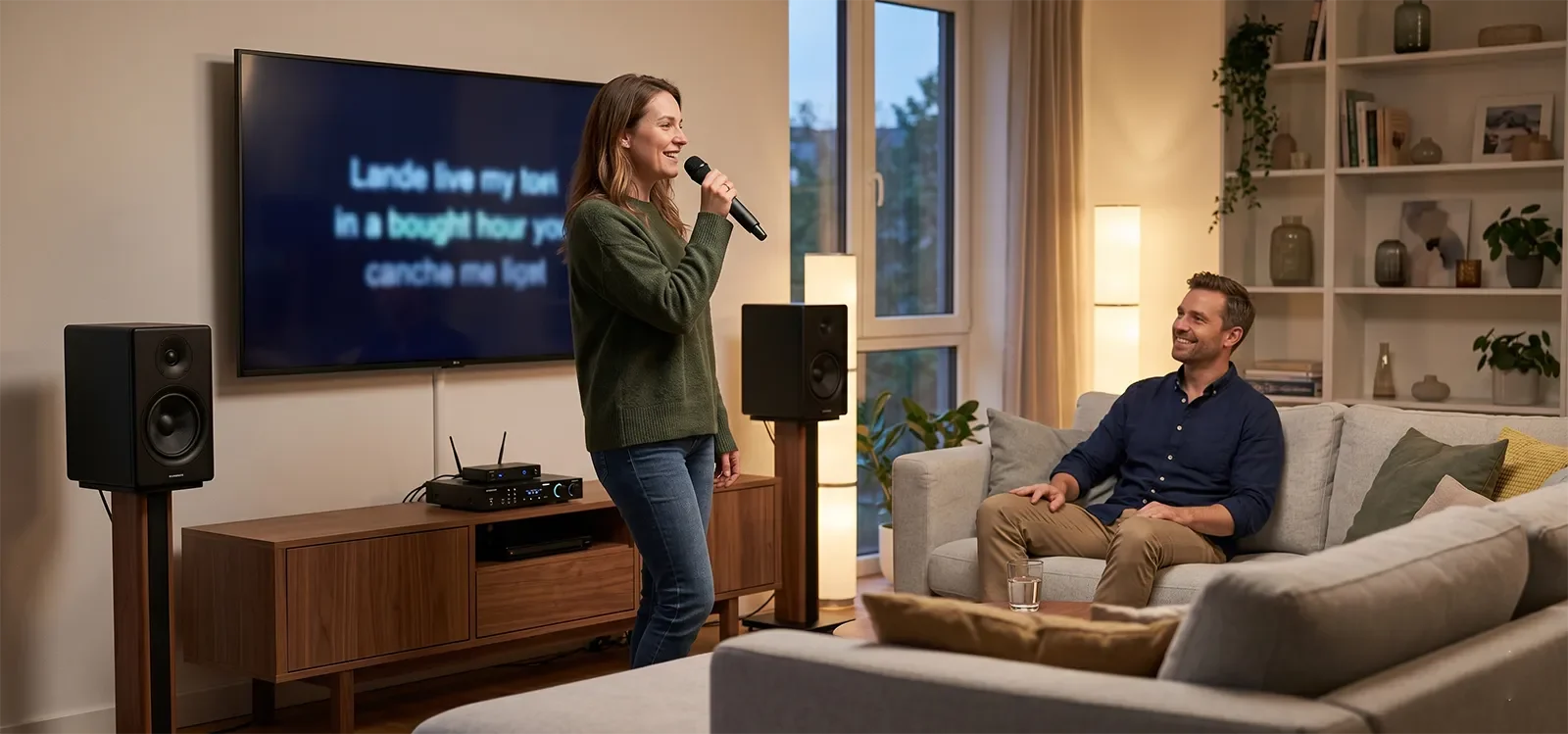 Home karaoke setup in normal use with clear balanced sound and no one adjusting the controls