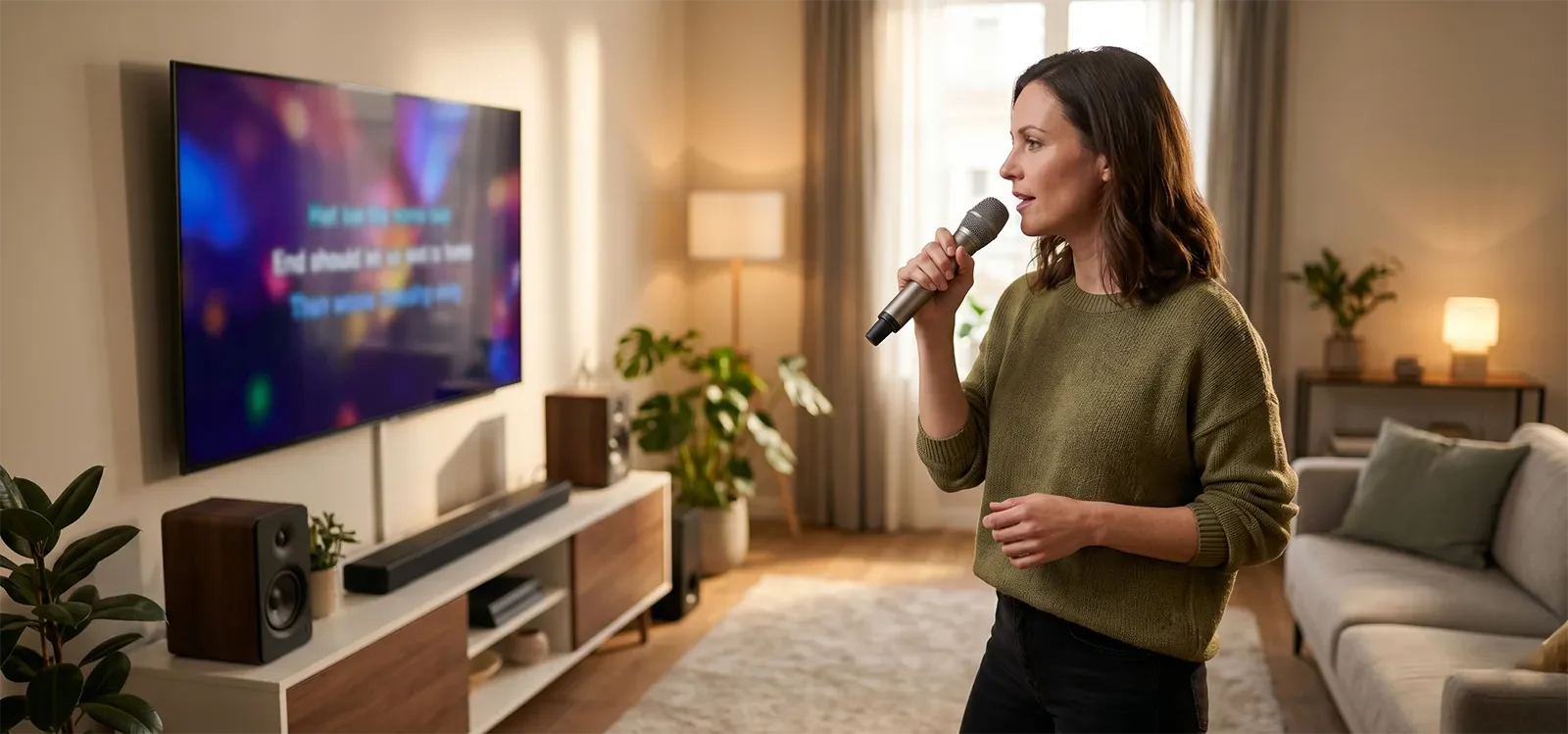 Người hát karaoke nhìn màn hình TV nhưng vẫn giữ micro ổn định gần miệng