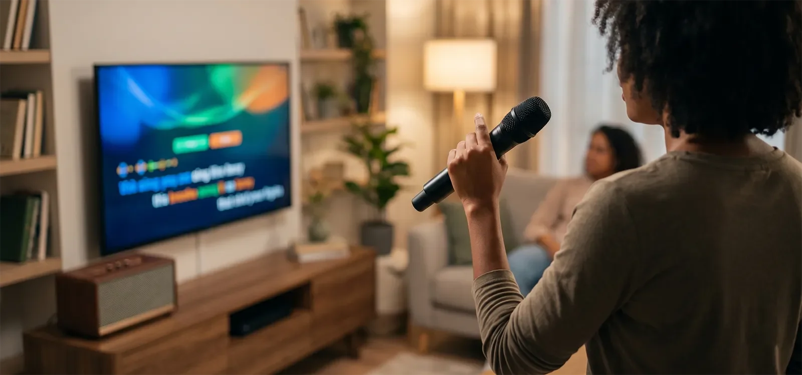 Góc nhìn từ phía sau vai người hát karaoke cho thấy cách giữ mic ổn định khi nhìn lời trên màn hình