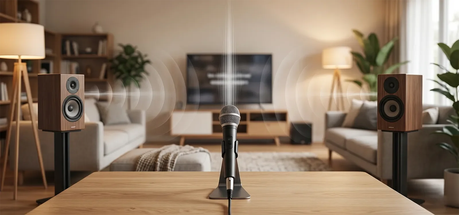 Home karaoke setup showing how stereo width affects vocal center stability.