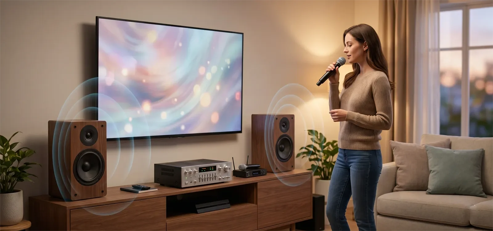 Dàn karaoke gia đình ở âm lượng thấp khi vocal vẫn rõ nhưng nhạc thiếu độ ấm, độ dày và nền đỡ.