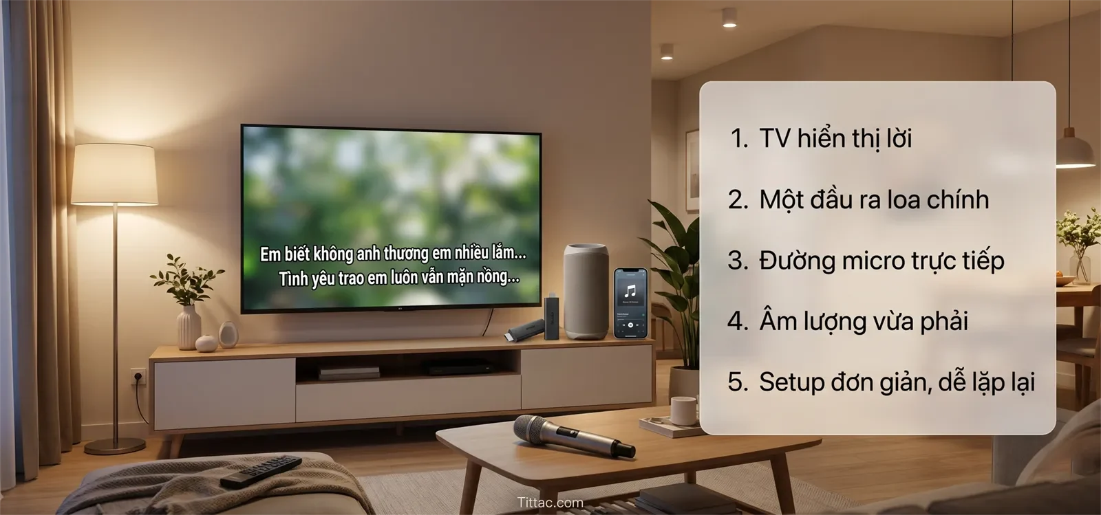 Checklist setup karaoke tối giản với TV và loa portable gồm TV hiển thị lời, một đầu ra loa chính, đường micro trực tiếp, âm lượng vừa phải và setup đơn giản dễ lặp lại.