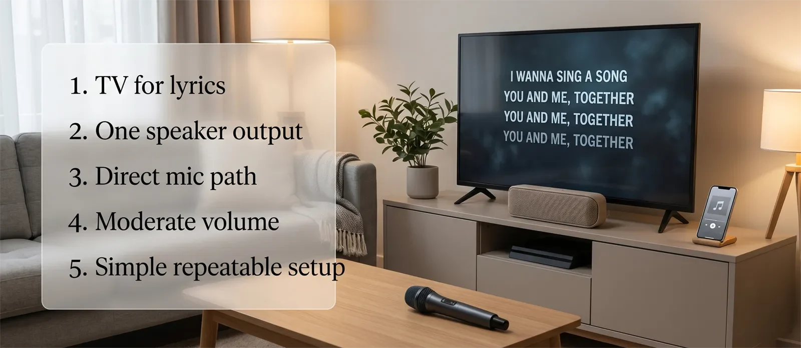 Minimal karaoke setup checklist showing TV for lyrics, one speaker output, direct mic path, moderate volume, and simple repeatable setup.