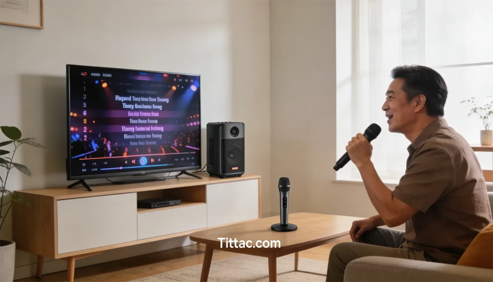 Setup karaoke tối giản với TV, loa di động và micro không dây trong phòng nhỏ hiện đại.