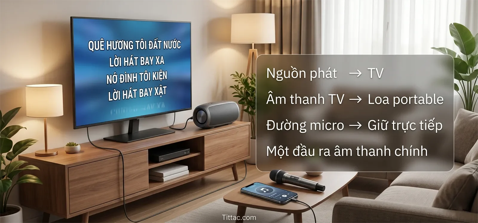 Minh họa setup karaoke tối giản với TV và loa portable, cho thấy nguồn phát vào TV, âm thanh TV ra loa portable, đường micro trực tiếp và chỉ dùng một đầu ra âm thanh chính.