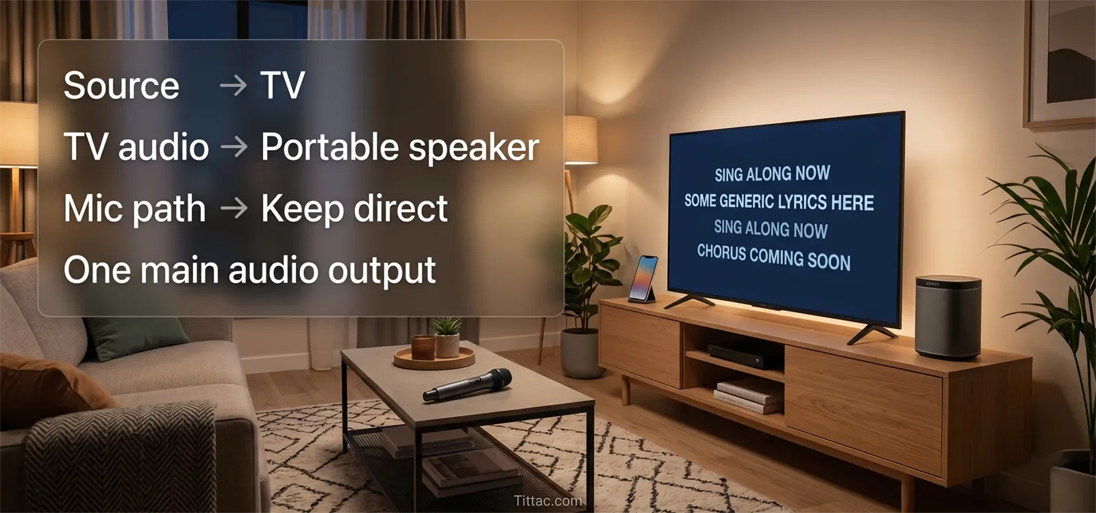 Minimal TV and portable speaker karaoke signal path showing source to TV, TV audio to portable speaker, direct mic path, and one main audio output.