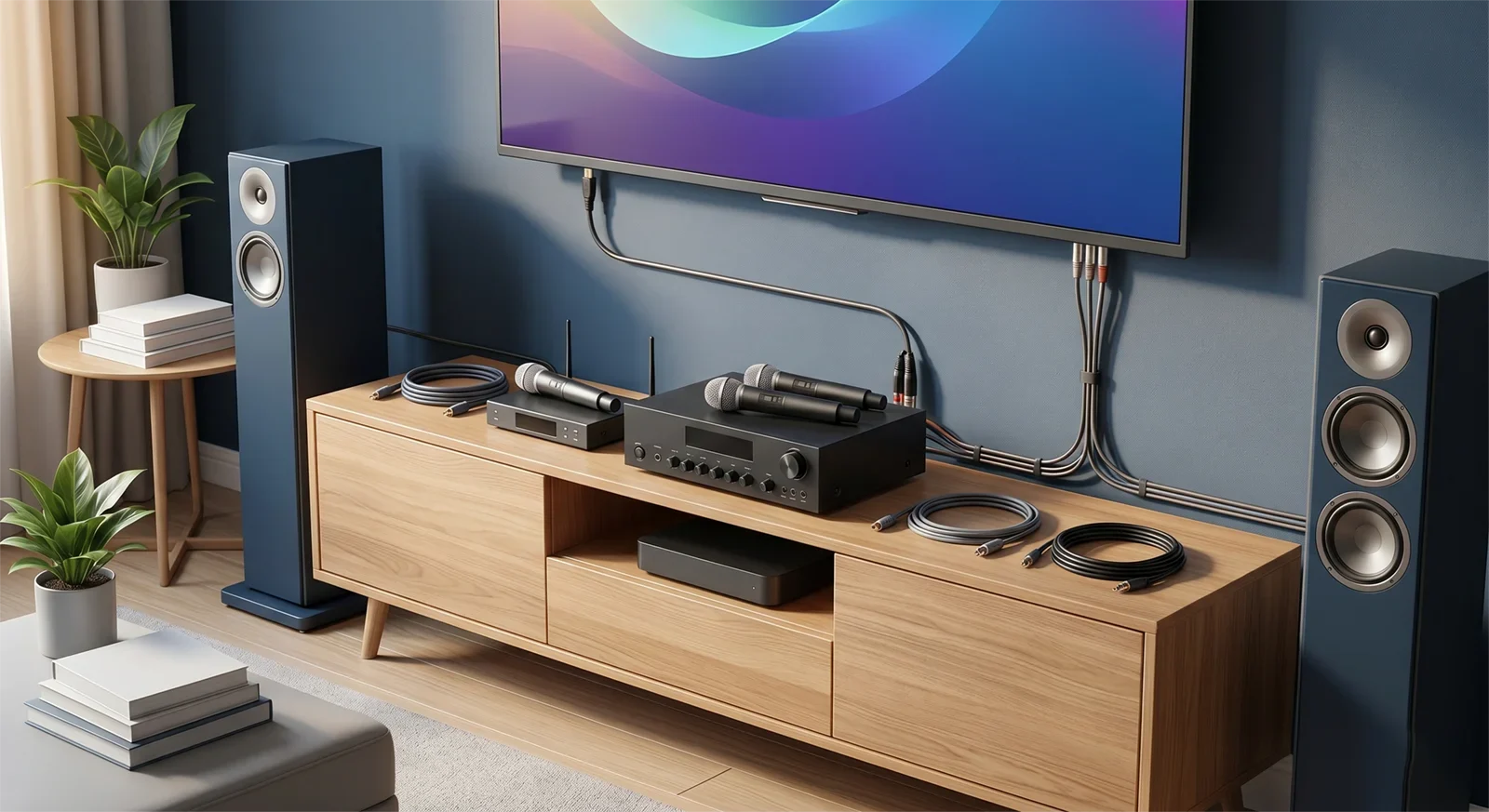 Đường tín hiệu từ TV sang dàn karaoke được kiểm tra rõ ràng với TV, amply karaoke, loa và dây kết nối gọn gàng.