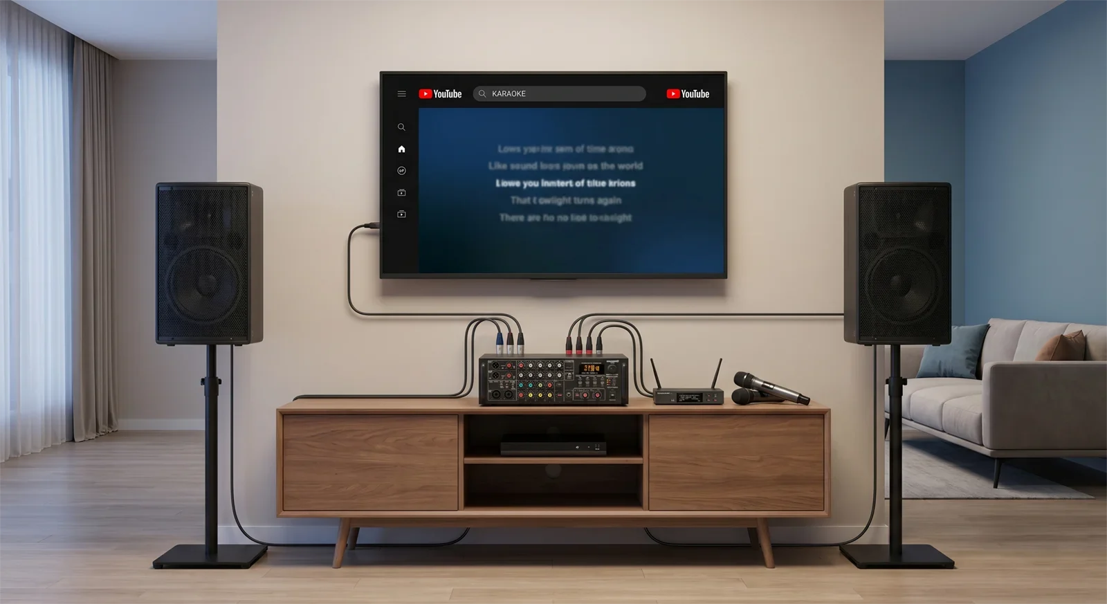 TV, YouTube, and wireless microphone karaoke signal path with the TV as the lyric screen, the karaoke system as the audio control point, and speakers as the final sound output.