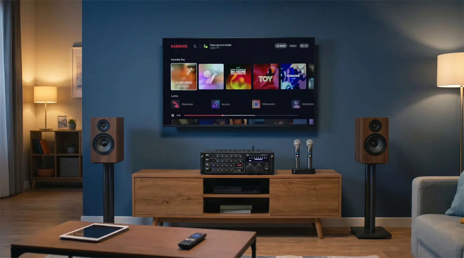 Home karaoke setup with a smart TV, YouTube karaoke on screen, wireless microphones, and a karaoke system arranged neatly in a modern living room.