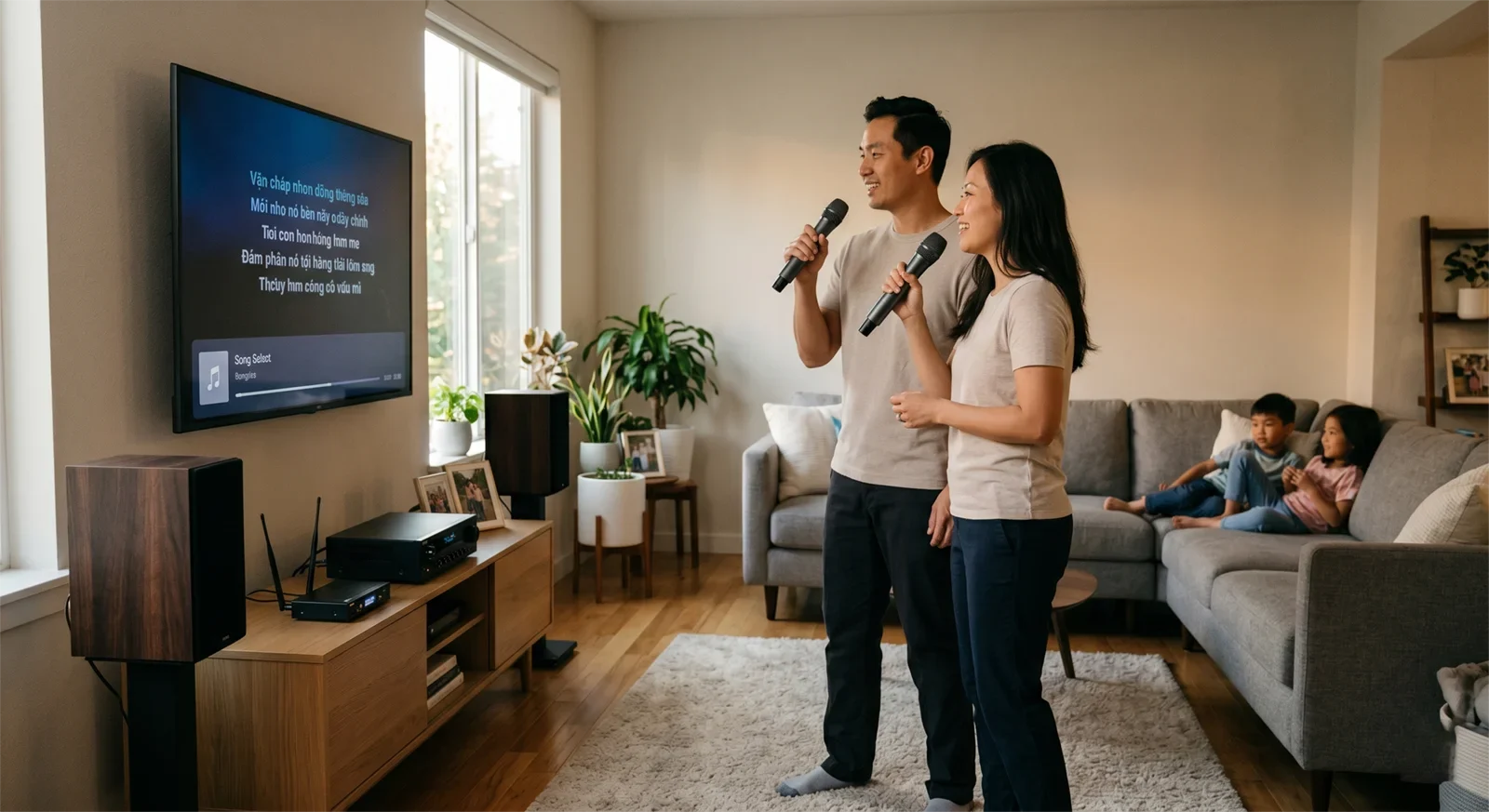Family home karaoke setup with two wireless microphones, microphone receiver, and karaoke system in a living room.
