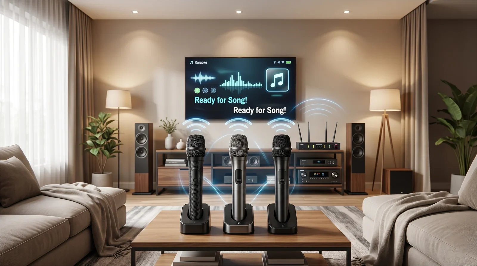 Three wireless karaoke microphones representing UHF, VHF, and 2.4GHz options in a modern home karaoke room.