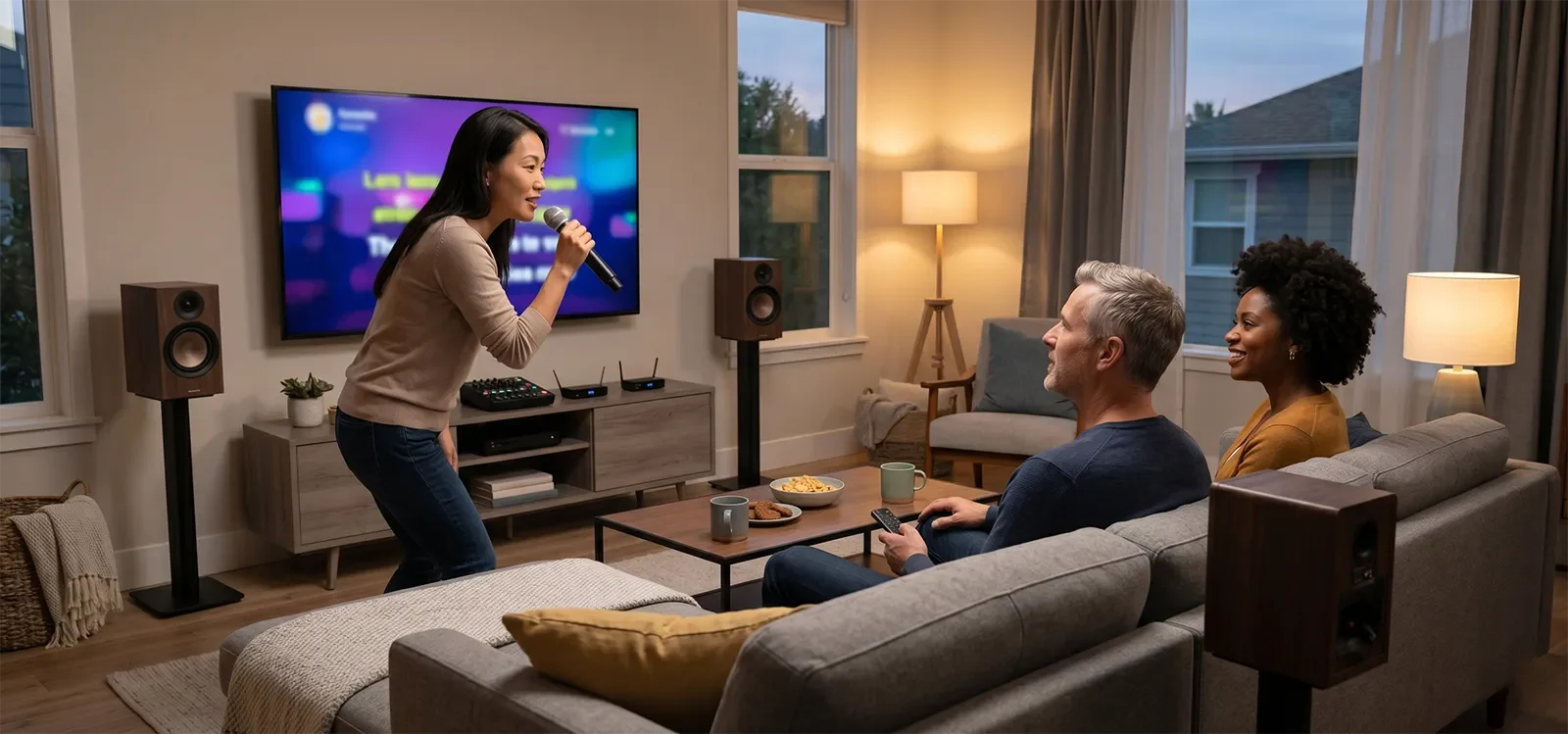 Home karaoke users looking toward the TV as the vocals feel present but not clearly separated from the music