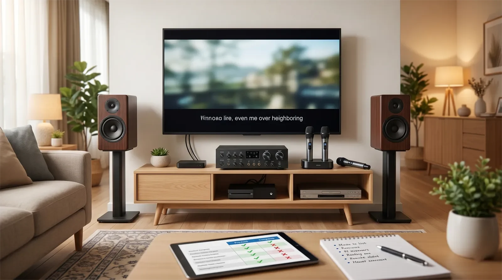 Dàn karaoke gia đình hiện có với loa, micro, amply và TV đang được kiểm tra để nâng cấp đúng cách