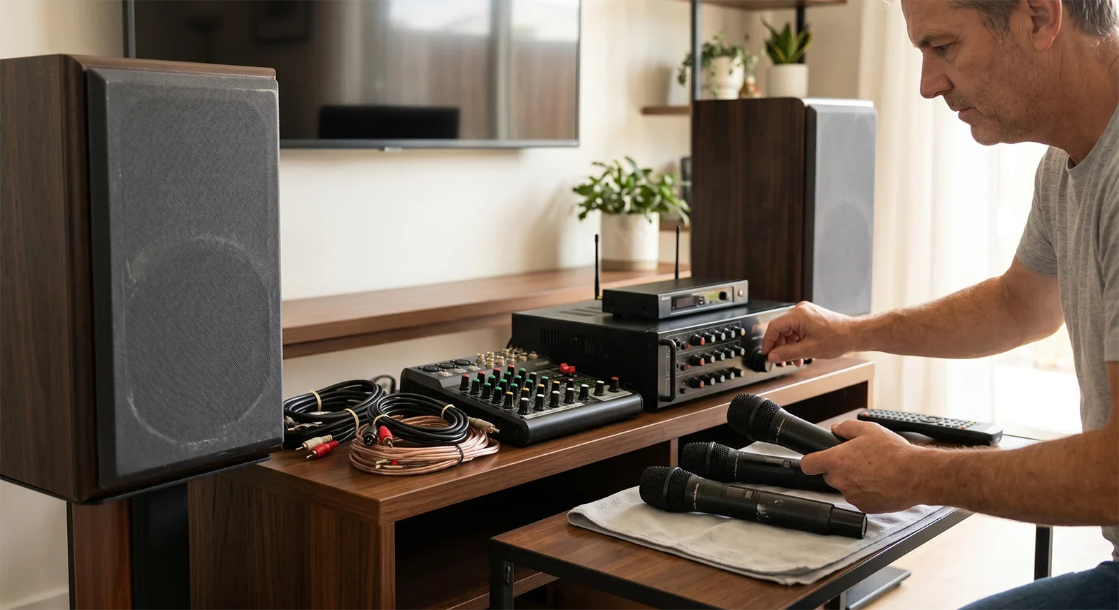Dàn karaoke cũ gồm loa, amply, micro không dây, dây kết nối và phụ kiện đang được kiểm tra trong không gian nhà hoặc showroom.