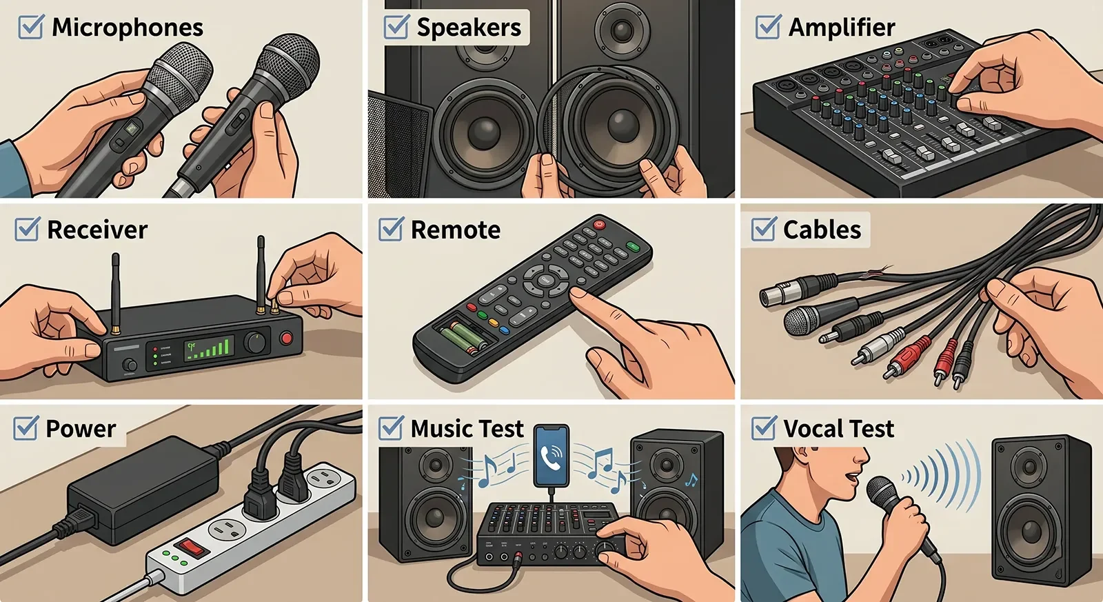 Visual inspection checklist for buying a used karaoke system, including microphones, speakers, amplifier, cables, receiver, remote, and power test.