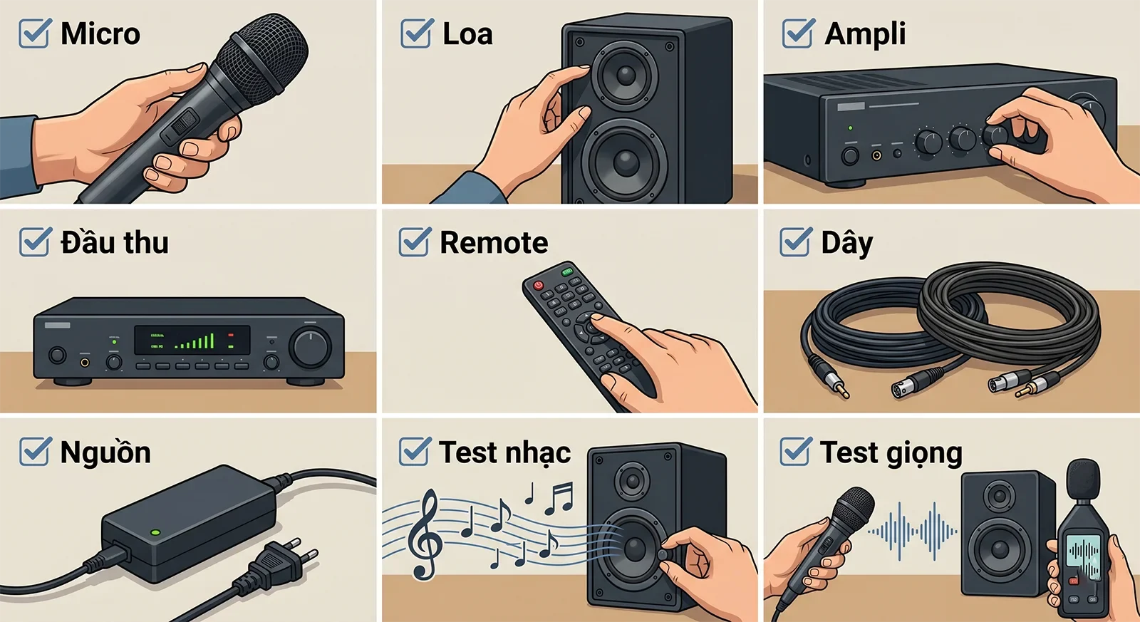 Infographic tiếng Việt về checklist kiểm tra dàn karaoke cũ gồm micro, loa, ampli, đầu thu, remote, dây, nguồn, test nhạc và test giọng.