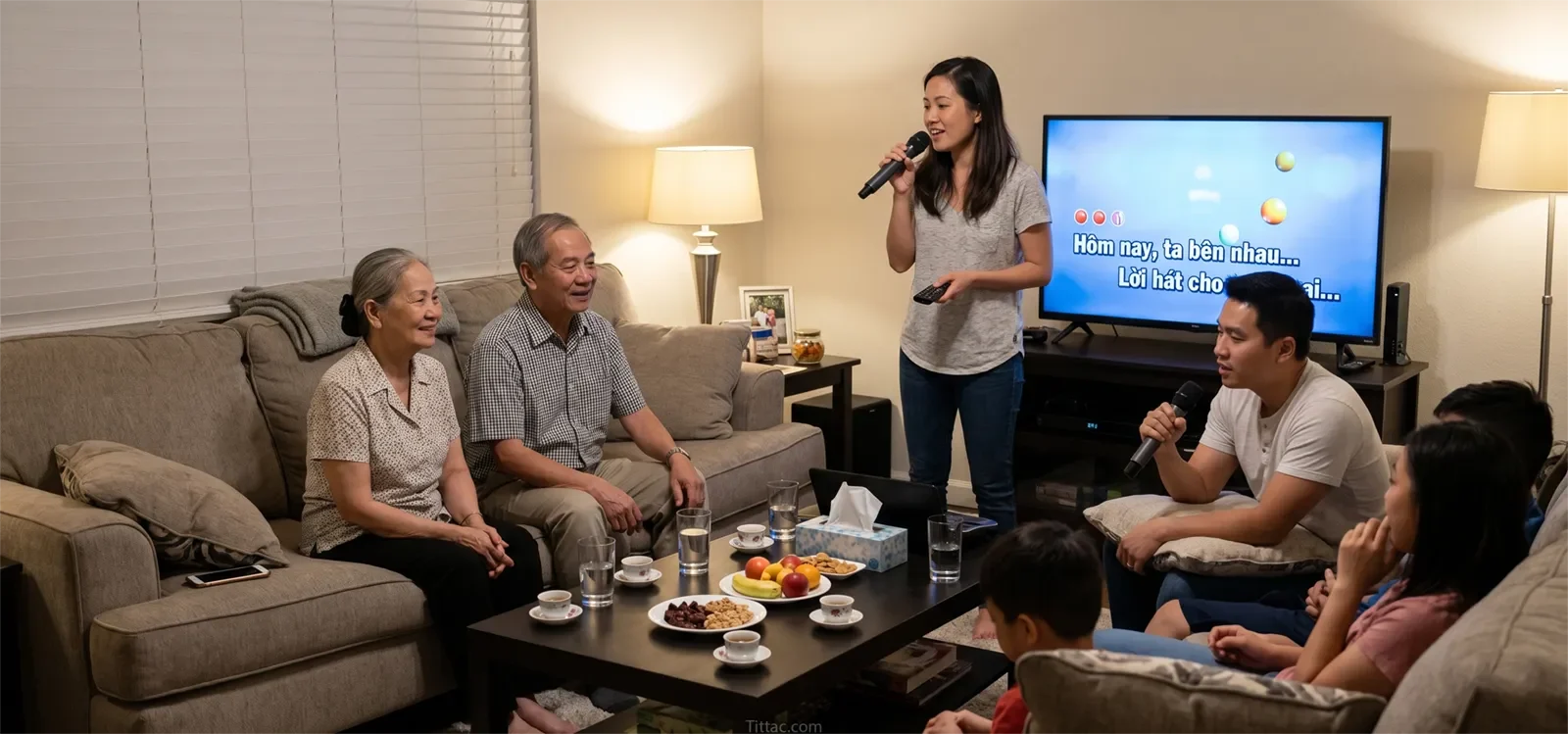 A Vietnamese-American family karaoke gathering at home with mixed generations singing comfortably in a real living room.