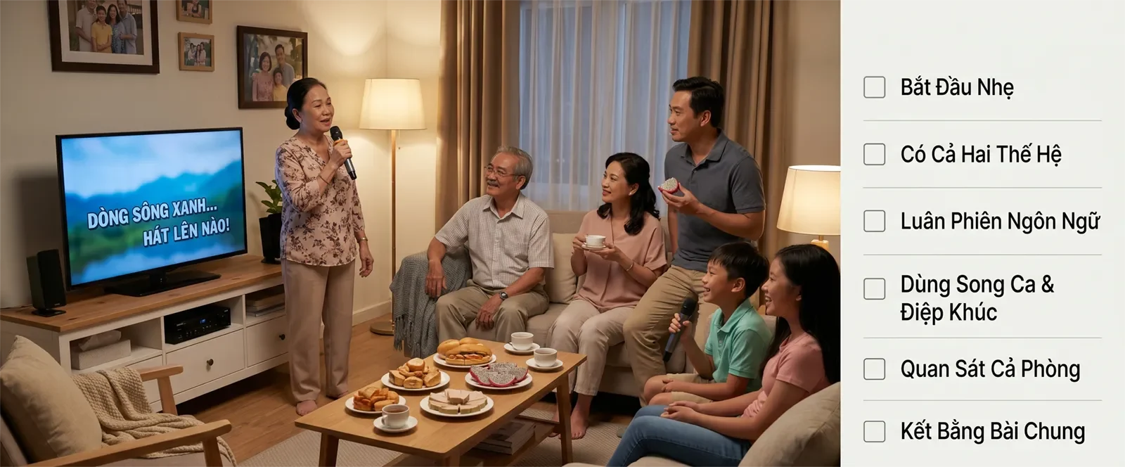 Checklist karaoke gia đình người Việt với mở đầu nhẹ, có đủ các thế hệ, luân phiên ngôn ngữ, song ca và bài kết nối cả phòng.