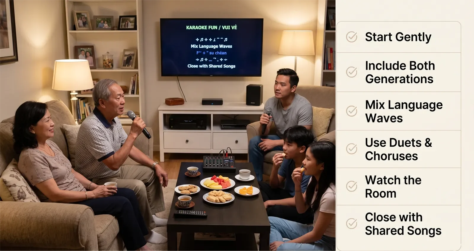 Simple Vietnamese family karaoke checklist with gentle start, mixed generations, short language waves, duet moments, and shared closing songs.