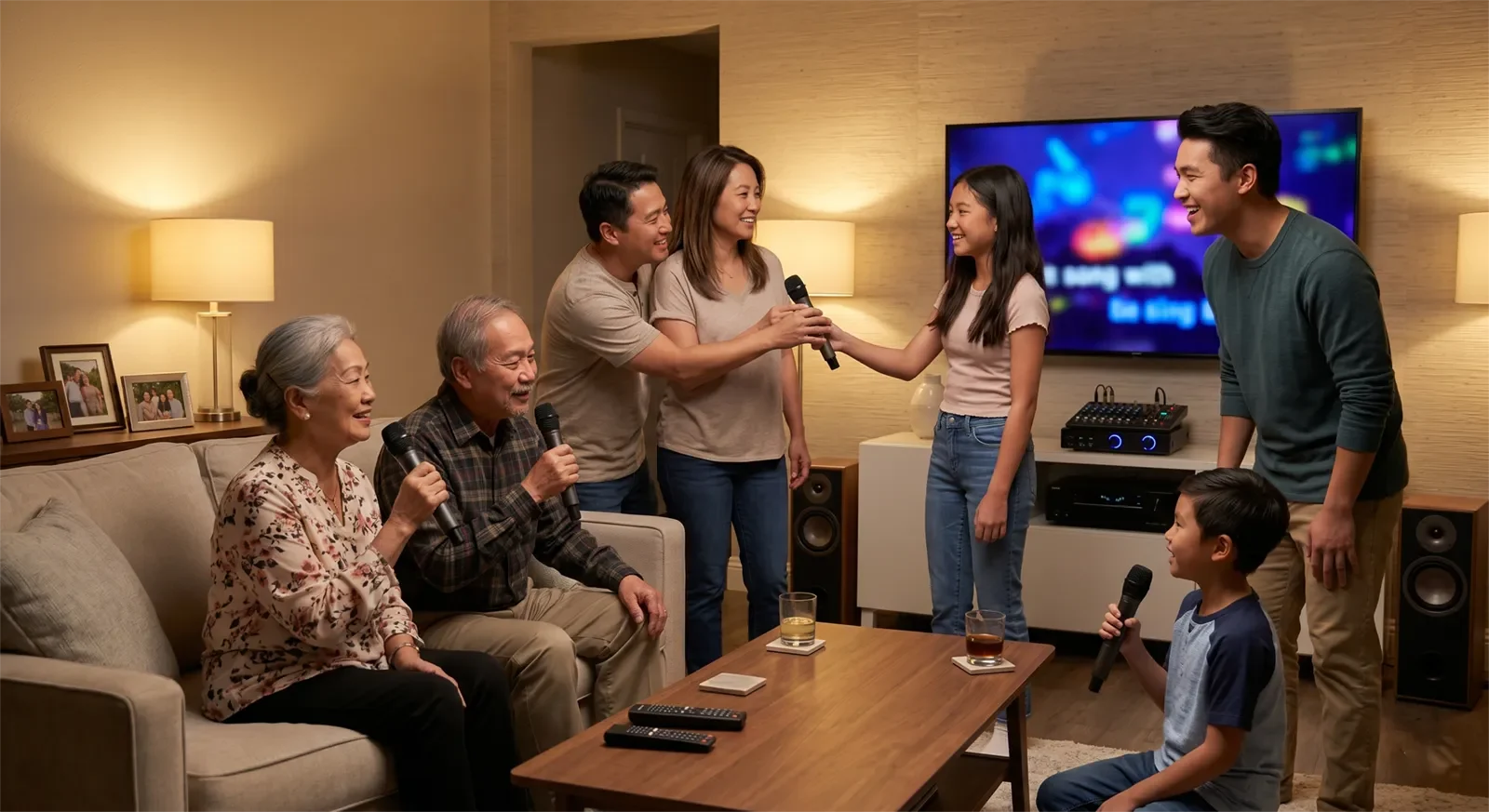 Vietnamese-American family sharing wireless microphones during a multi-generational home karaoke gathering