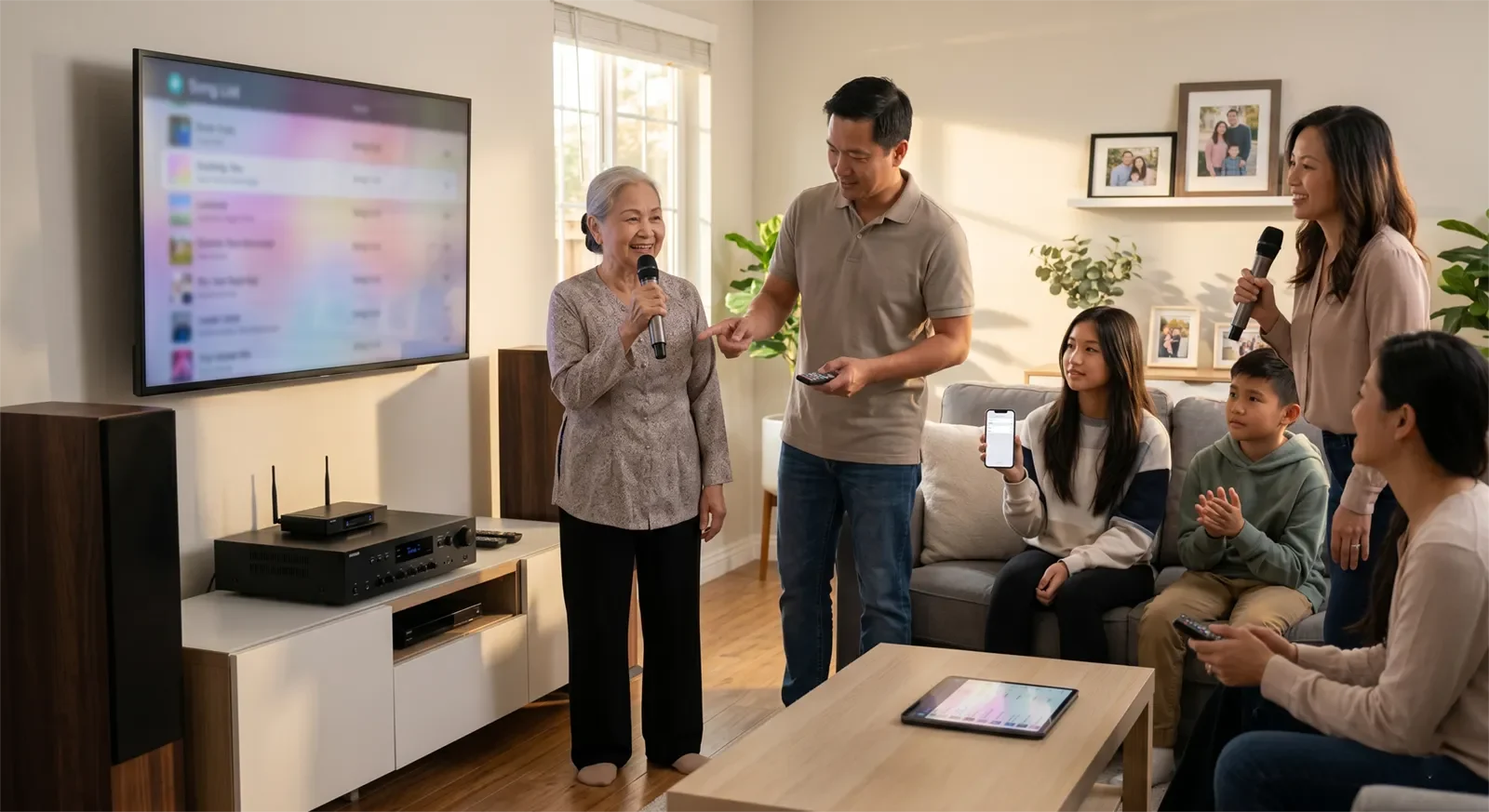 Vietnamese family using a TV-based karaoke setup with wireless microphones in a U.S. living room