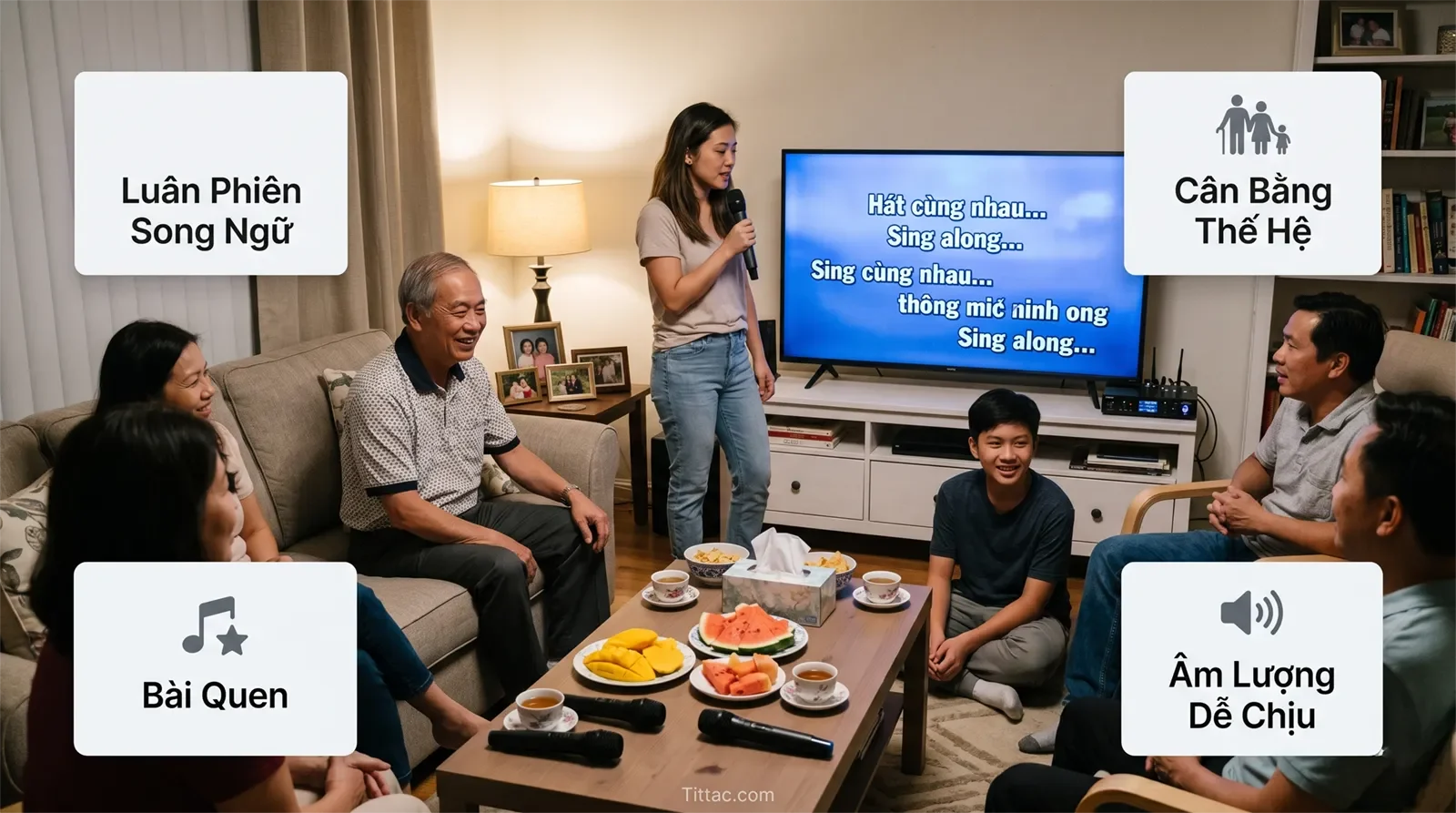 Flow karaoke gia đình người Việt tại nhà với bài song ngữ, cân bằng thế hệ, bài quen và âm lượng dễ chịu.