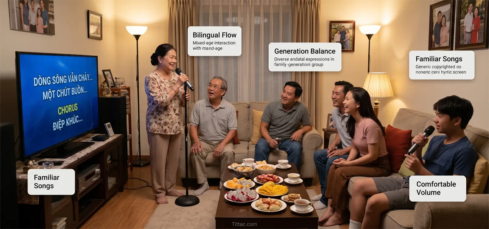 Vietnamese family karaoke flow showing bilingual songs, generation balance, familiar songs, and comfortable volume.