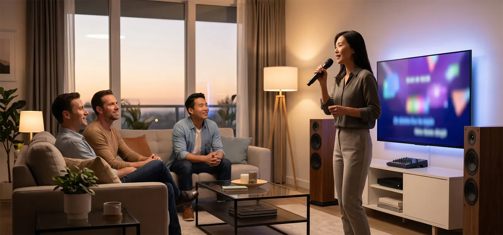 Người hát karaoke tại nhà với giọng hát rõ và tự nhiên trong phòng khách hiện đại
