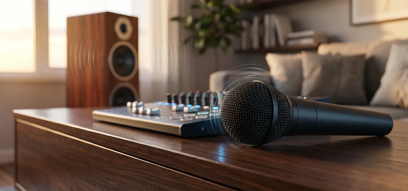 Cận cảnh micro và mixer karaoke minh họa giọng hát rõ mà không bị gắt