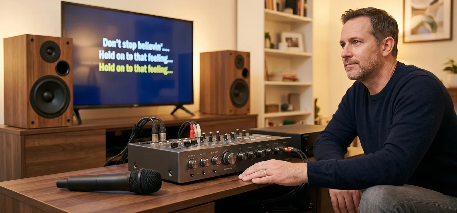 Person calmly evaluating a home karaoke system while sitting near an amplifier and mixer