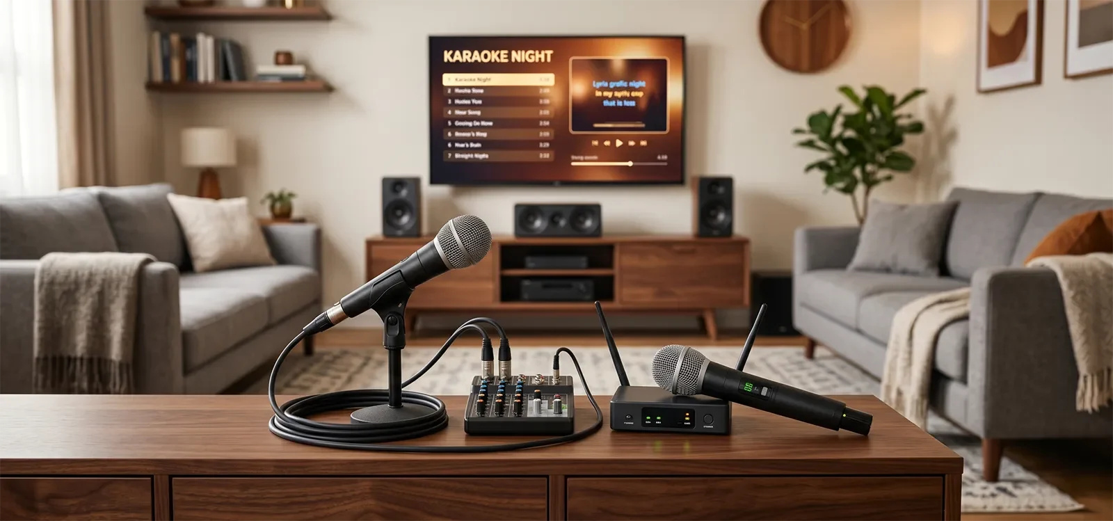 Micro có dây và micro không dây trong một dàn karaoke gia đình hiện đại.