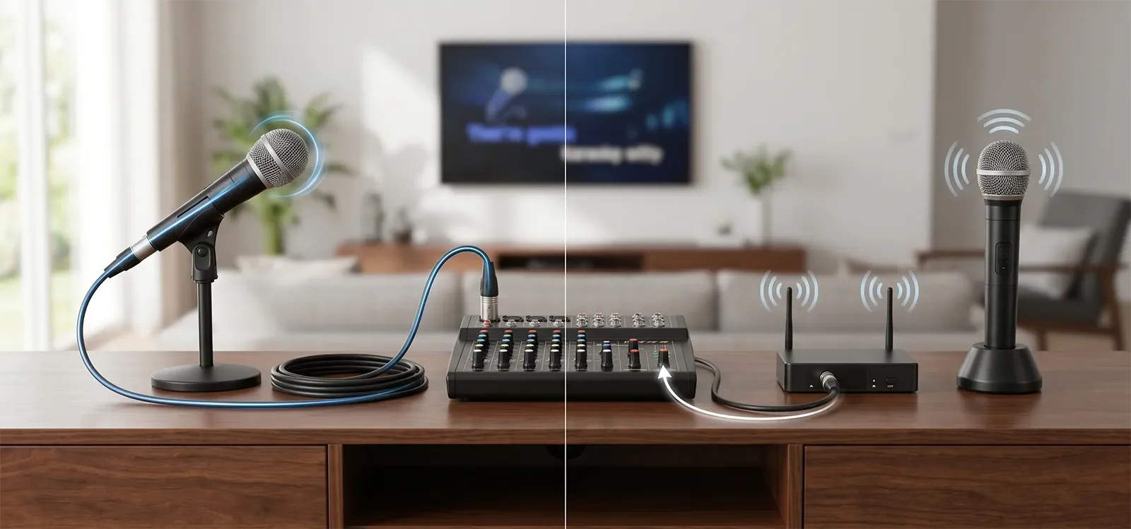 Đường đi tín hiệu của micro có dây và micro không dây qua đầu thu trong dàn karaoke gia đình.