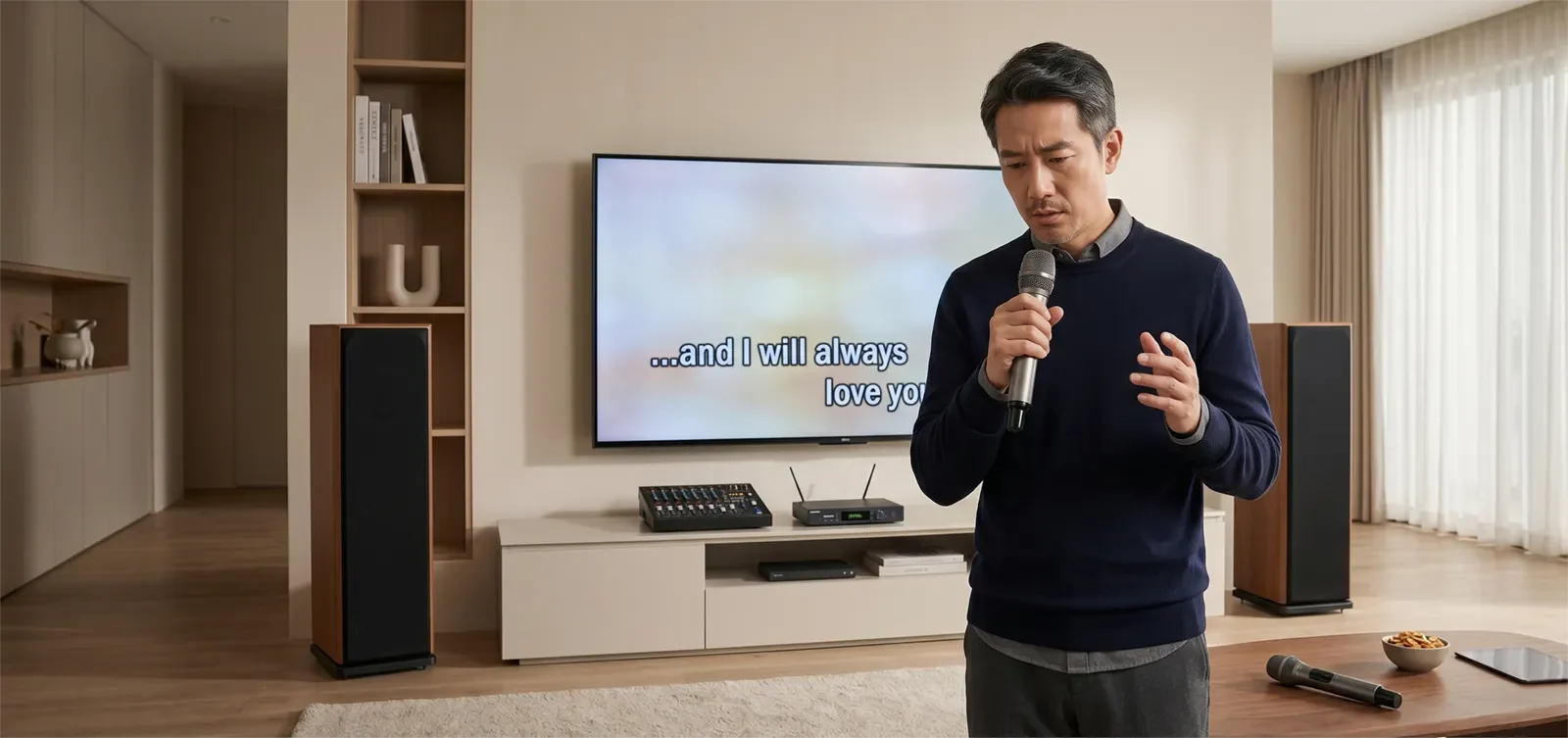 Home karaoke setup where the music keeps playing but a wireless microphone used by an adult man cuts out.