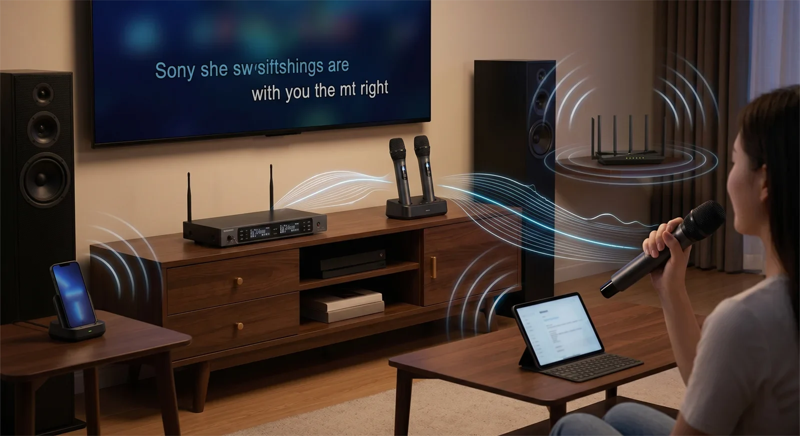 Wireless karaoke microphone signal illustration in a living room with TV, Wi-Fi, and nearby wireless devices.