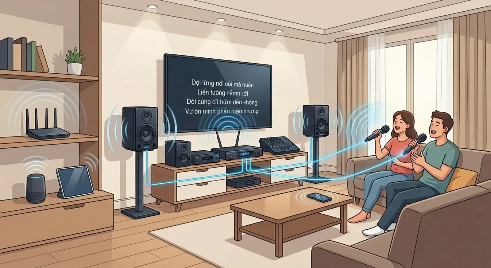 Visual guide showing wireless karaoke microphones connecting to a receiver in a home room with TV, router, and nearby wireless devices.