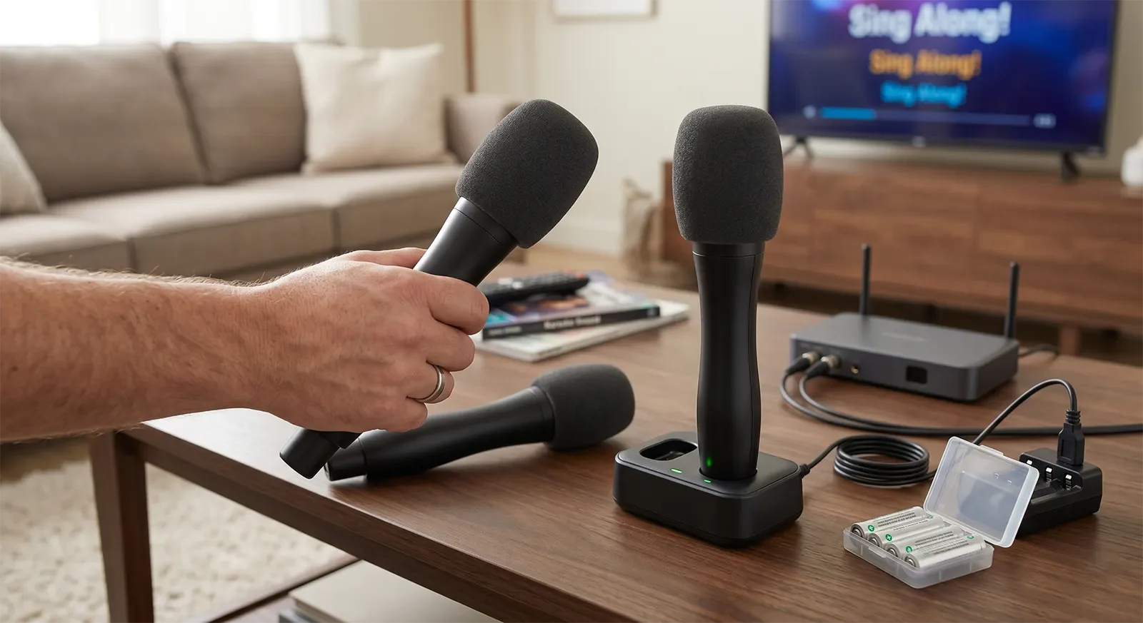Close-up of wireless karaoke microphones with charging dock, spare batteries, receiver, and comfortable hand grip for home karaoke use.