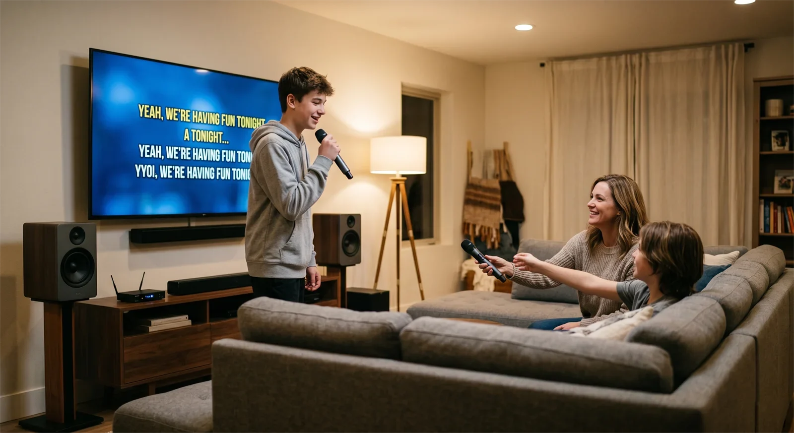 Family using wireless karaoke microphones in a living room with TV lyrics, speakers, and a clean home karaoke setup.