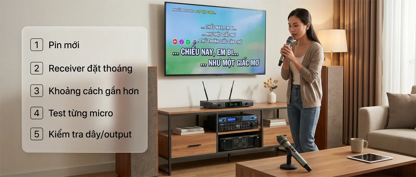 Checklist xử lý micro không dây bị hụt tiếng gồm pin mới, receiver đặt thoáng, khoảng cách gần hơn, test từng micro và kiểm tra dây output.
