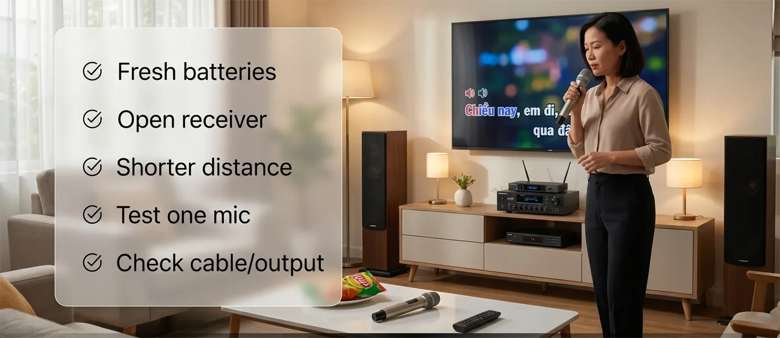 Wireless microphone dropout troubleshooting checklist showing fresh batteries, open receiver placement, shorter distance, one-mic testing, and cable output check.