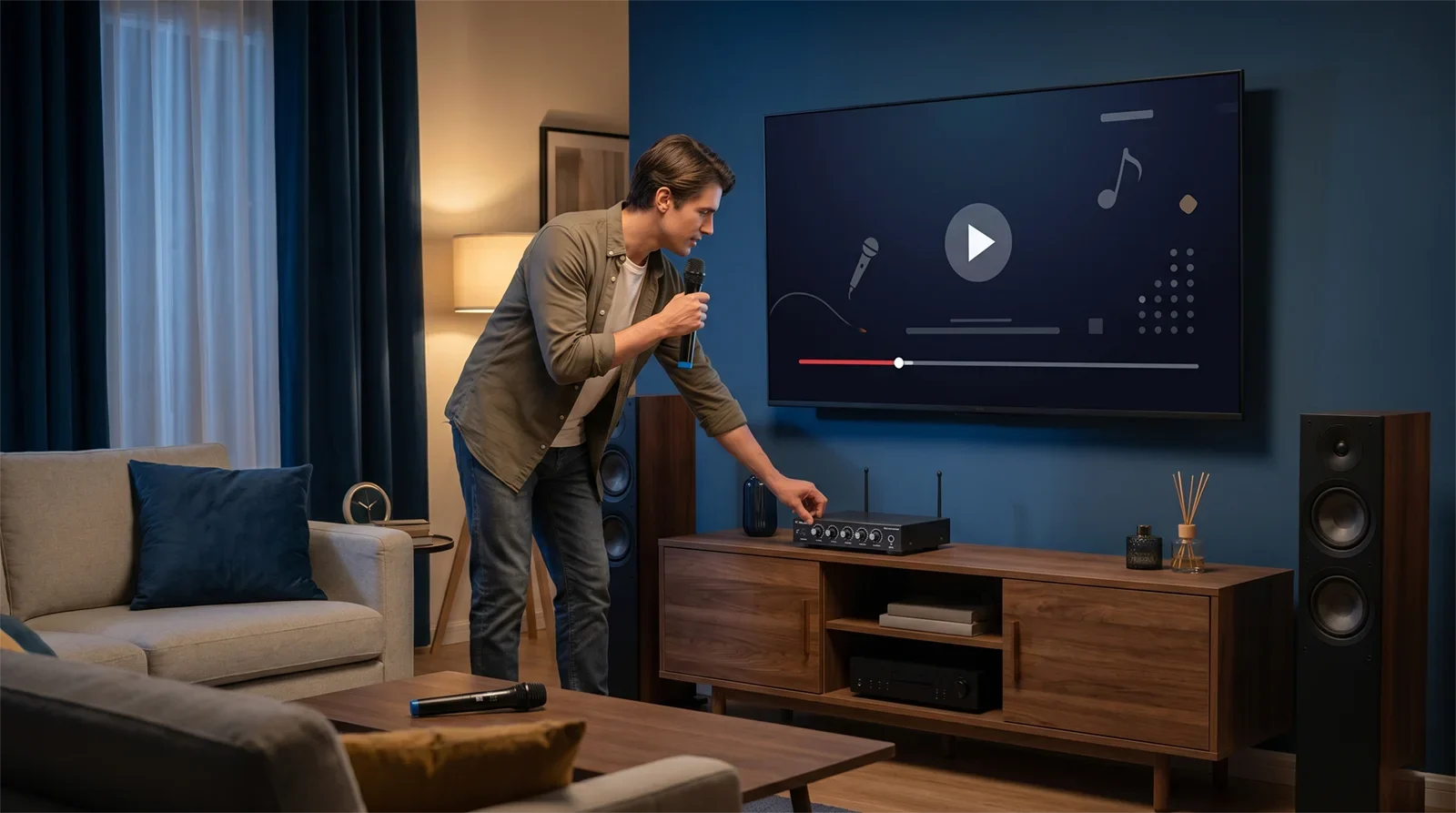 Testing a wireless microphone in a living room karaoke setup with a TV, karaoke system, and speakers before a home karaoke session.