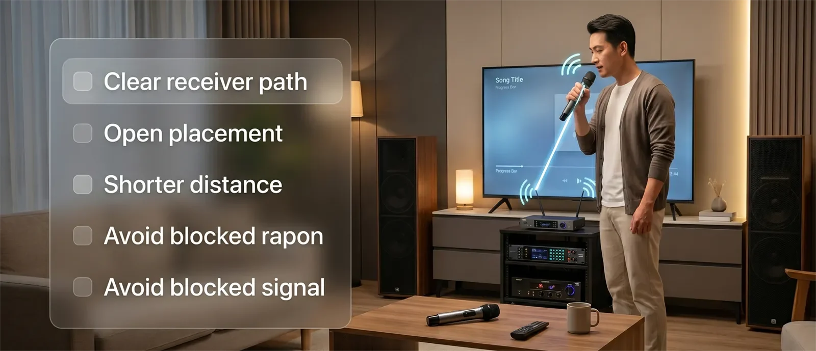 Wireless microphone receiver placement showing a clear path, open placement, shorter distance, and avoiding blocked signal.