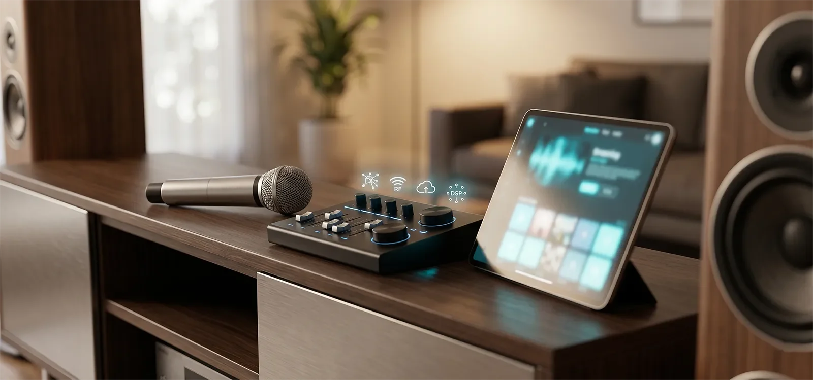 Cận cảnh hệ thống karaoke gia đình với micro không dây, streaming và xử lý DSP hiện đại